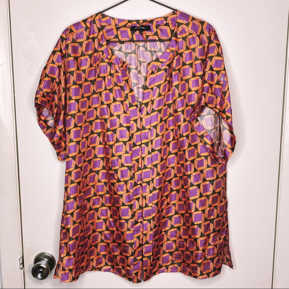 LAFAYETTE 148 Geometric Silk Short Sleeve Top